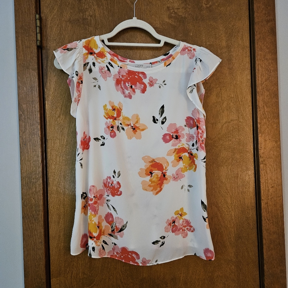 LOFT Petite Floral Ruffle Cap Sleeve Top
